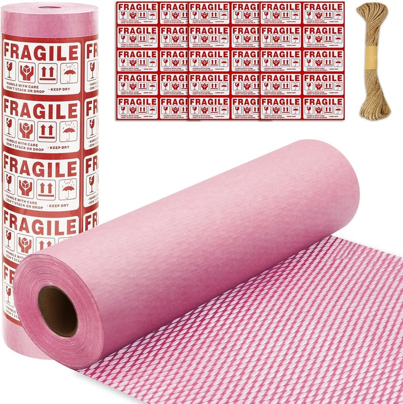 Pine nuts Honeycomb Packing Paper 15" x 131' Eco Friendly Packing Paper for Moving Recyclable Honeycomb Paper Bubble Paper Wrapping with 30 Fragile Sticker Labels and 66fthemp rope (Pink) - Image 1